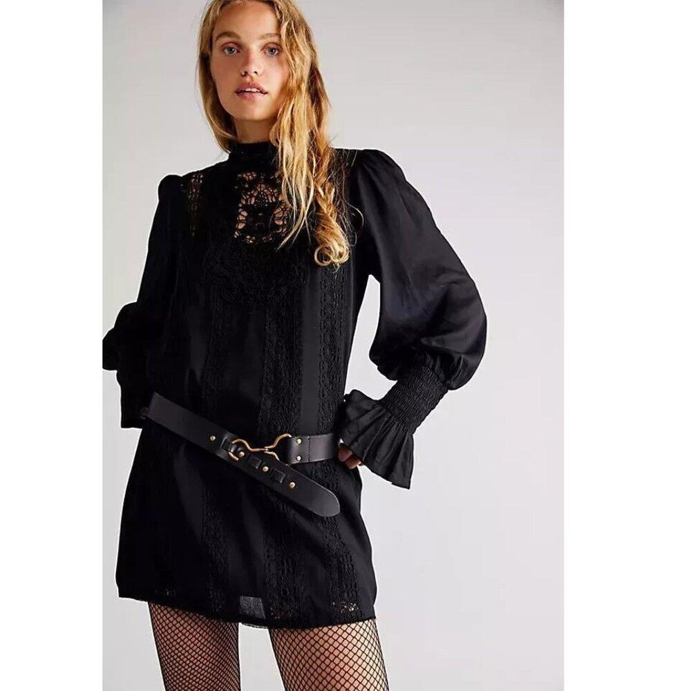 NEW Free People FP One Vienna Mini Dress Black Lace Long Sleeve